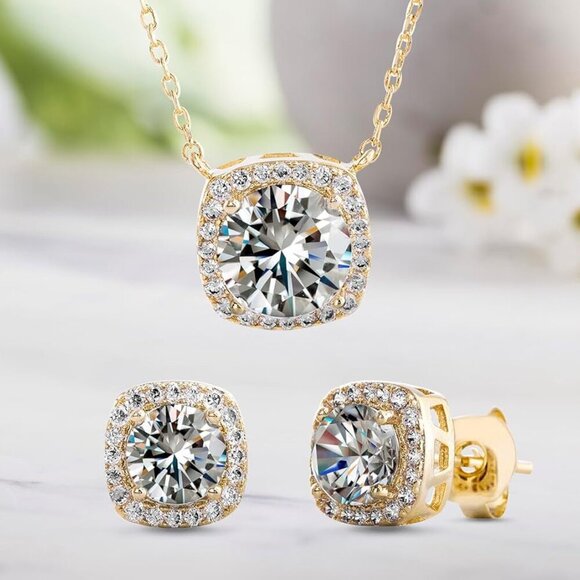 Halo Earrings Necklace Jewelry Set Crystal Gold Plated Women Fashion - Picture 7 of 7